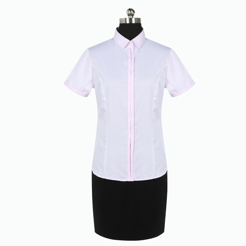 重庆女短袖正规领粉色细斜纹衬衫